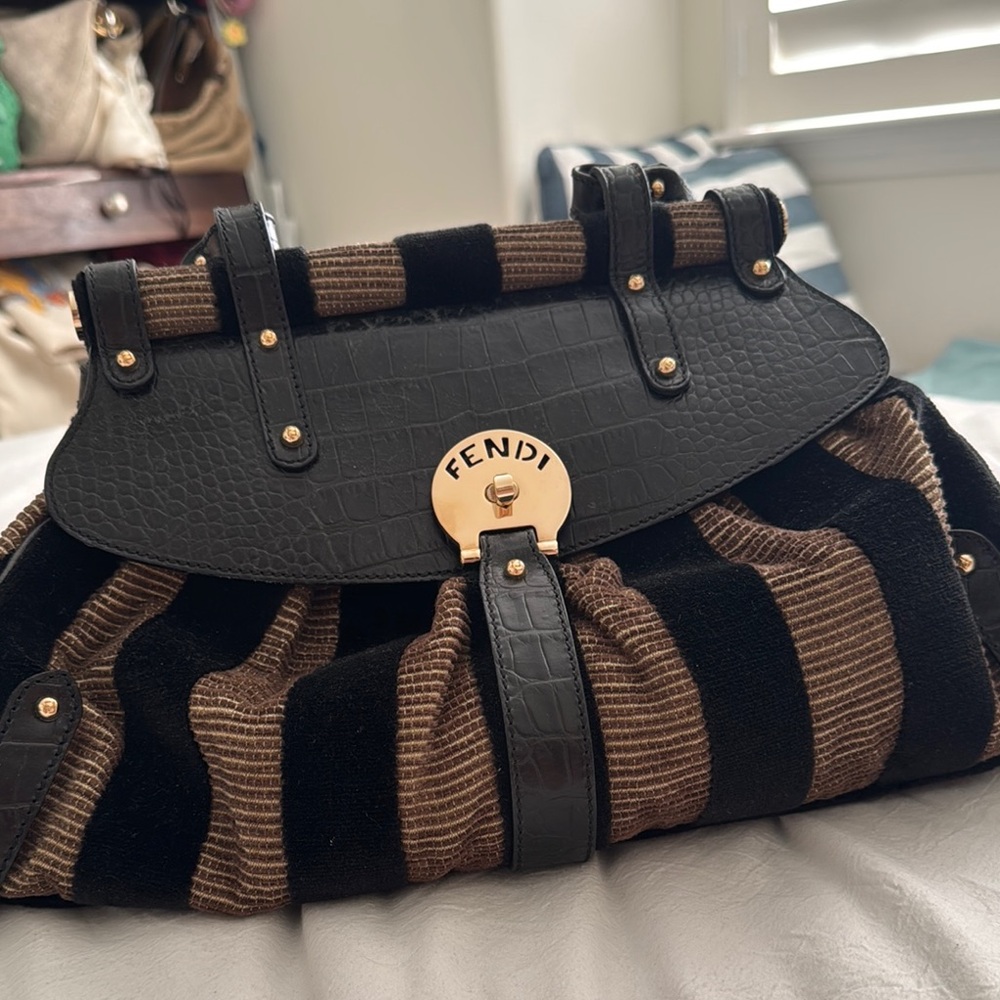 Fendi Black and Brown Striped Shoulder Bag